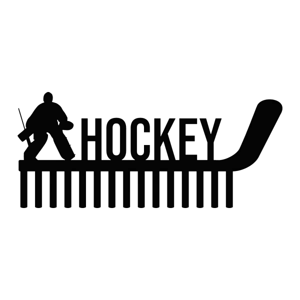 Black laser-cut steel wall art featuring a hockey goalie silhouette with a stick, the word 'Hockey', and a hockey stick forming the letter 'Y'. The bottom has vertical lines resembling a comb, creating a modern look.